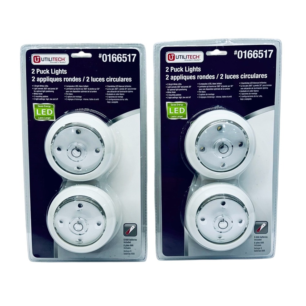 UTILITECH LED 4 Puck Lights - 2 Pack # 0166517 - New - Batteries Included - 360